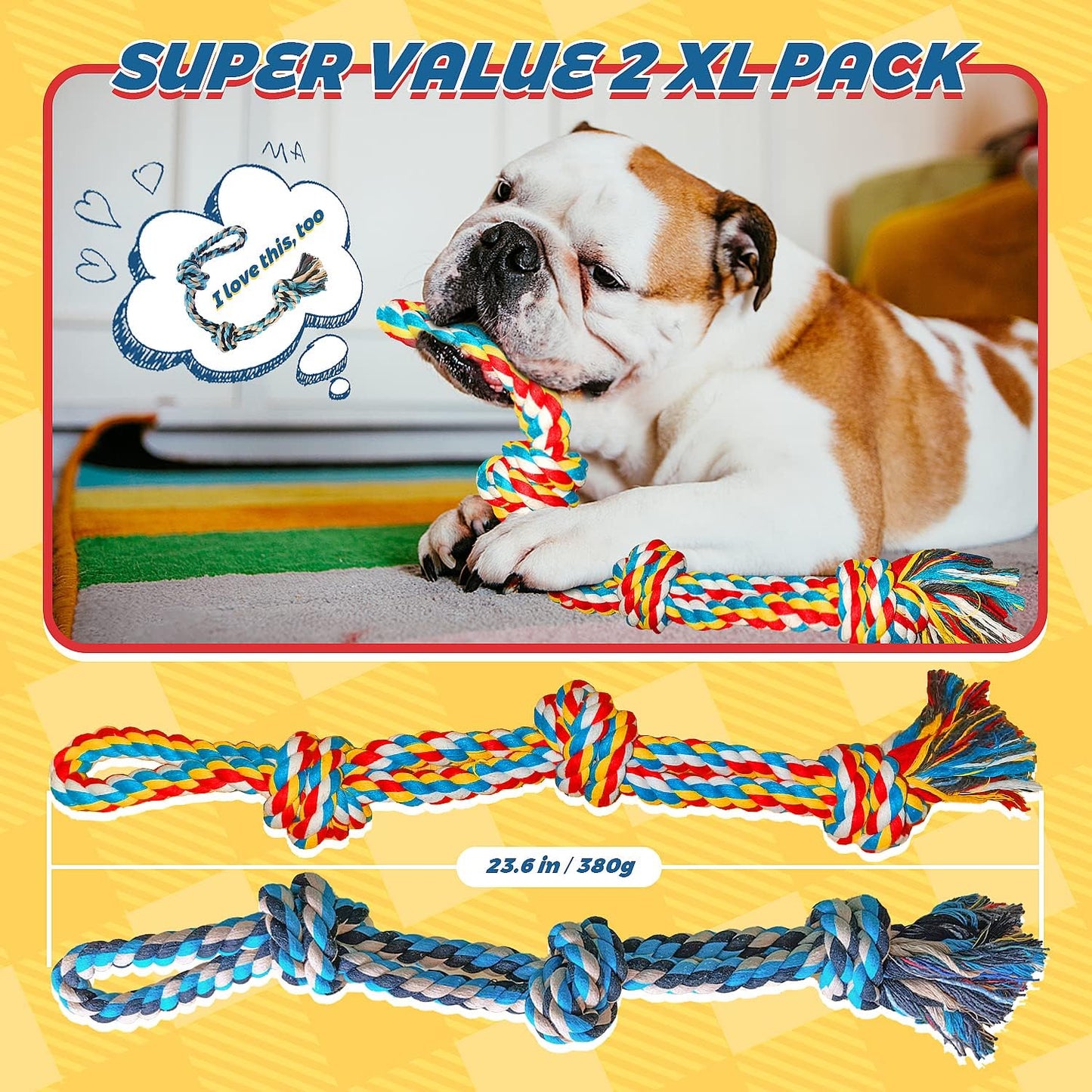 Giant XL Dog Rope Toys for Aggressive Chewers - Set of 2 Heavy Duty Indestructible Dog Rope Toy for Large Breed Puppy- 100% Cotton Strong, Sturdy Rope - Medium and Large Dogs for Chewing, Tug of War