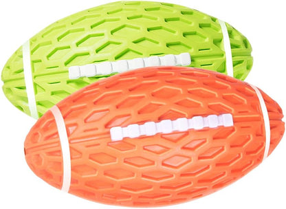 AUSCAT 2PCS Dog Rugby Ball, Squeaky Dog Ball for Small Medium Dogs, Dog Rugby Ball Toy, Green and Orange, Small, 4.1"/10.4 cm