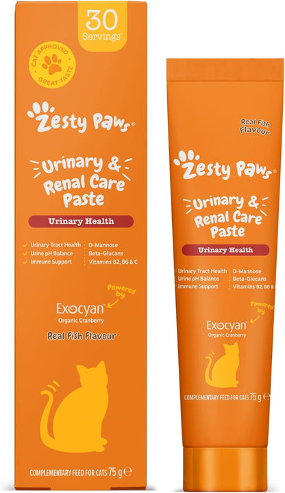 Zesty Paws Urinary & Renal Paste for Cats | Supports Urinary Tract & Kidney Function, Balance Urine pH Levels | Contains Cranberry Powder, D-Mannose, Vitamins B1, B6 & C| Real Fish Flavour | 75g