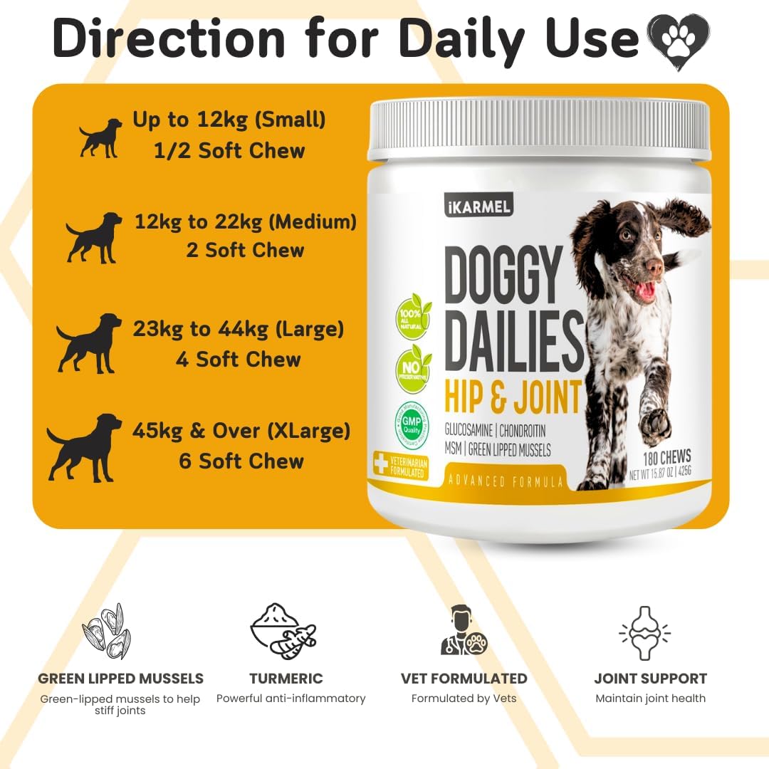 Joint Supplements for Dogs | Hip and Joint Care | with Glucosamine, Chondroitin, and Green-Lipped Mussels | Puppy to Senior Dog Treats for Stiff Joints (180 Chews)