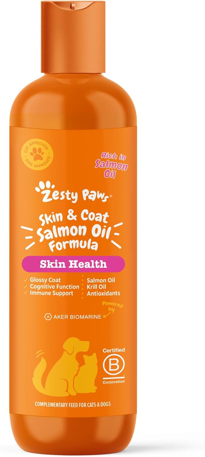 Zesty Paws Skin & Coat Salmon Oil For Cats & Dogs | Supports Pets with Dry, Itchy, Sensitive Skin, Nourish Coat & Fur | Contains Salmon, Flaxseed & Krill Oils, Vitamin E | Daily Use | 250ml