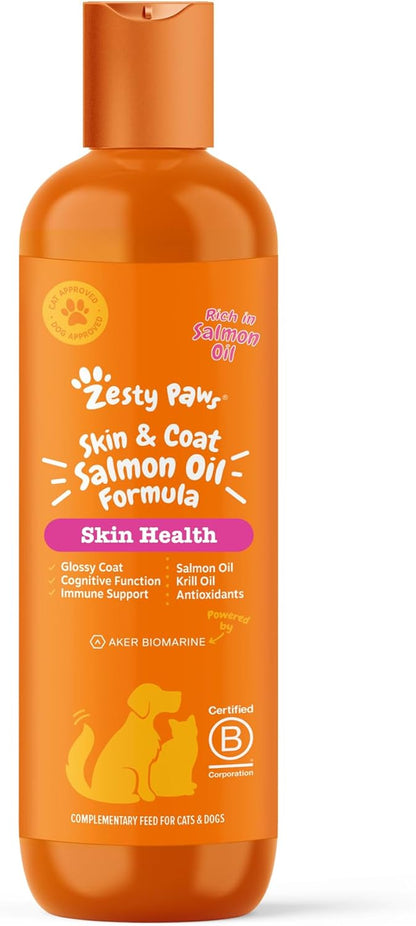 Zesty Paws Skin & Coat Salmon Oil For Cats & Dogs | Supports Pets with Dry, Itchy, Sensitive Skin, Nourish Coat & Fur | Contains Salmon, Flaxseed & Krill Oils, Vitamin E | Daily Use | 250ml