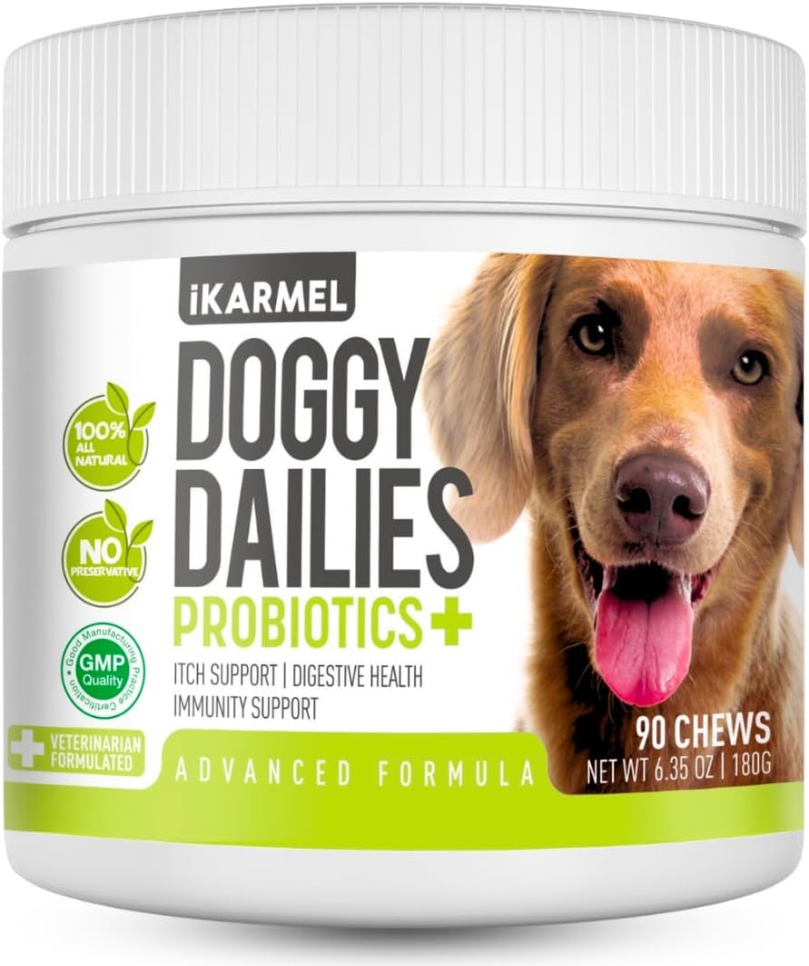 Doggy Dailies Probiotics for Dogs | Canine Supplements for Digestive and Immunity Support | Skin Health and Itch Relief | Vitamin Treats for Dogs | Probiotic (90 Chews)