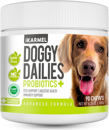 Doggy Dailies Probiotics for Dogs | Canine Supplements for Digestive and Immunity Support | Skin Health and Itch Relief | Vitamin Treats for Dogs | Probiotic (90 Chews)