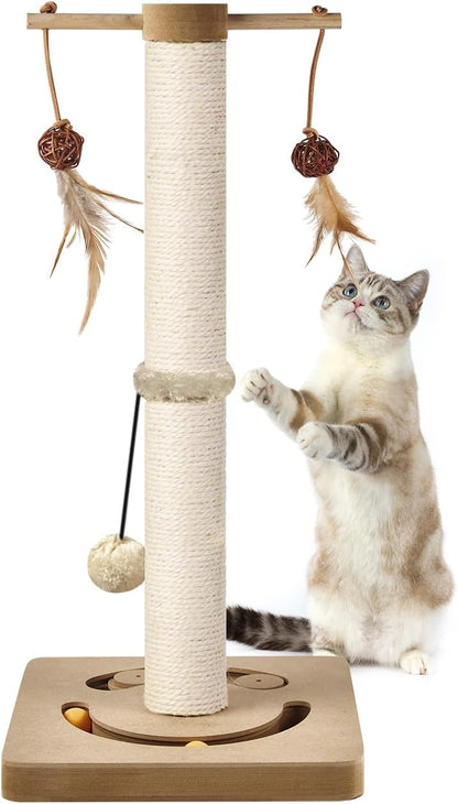 AUSCAT Cat Scratching Post with Multiple Interactive Toys, Vertical Sisal Cat Scratcher for Indoor Cats and Kittens- 63 cm 25 inches Beige