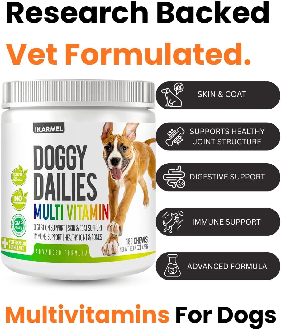 Doggy Dailies | Vitamins Supplements For Dogs | Skin & Coat | Probiotics + Joint Support 24 Vitamins & Minerals puppy to Senior Multivitamin