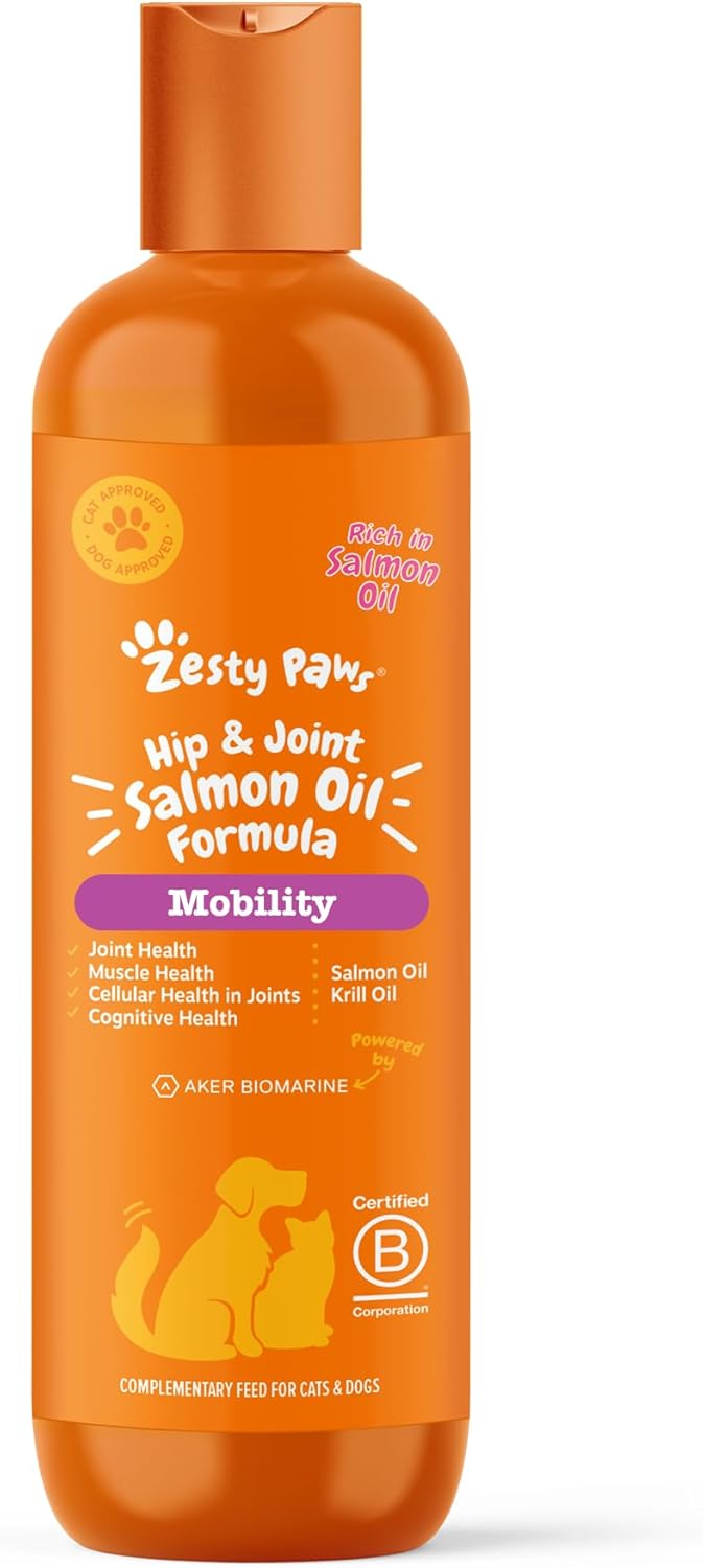 Zesty Paws Hip & Joint Salmon Oil For Cats & Dogs | Supports Mobility, Joint, Muscle, Cognitive & Cellular Health | Contains Salmon, Krill, Flaxseed Oils, Vitamin E | Daily Use | 250ml