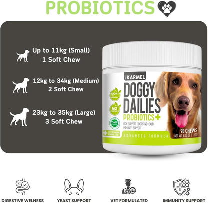 Doggy Dailies Probiotics for Dogs | Canine Supplements for Digestive and Immunity Support | Skin Health and Itch Relief | Vitamin Treats for Dogs | Probiotic (90 Chews)