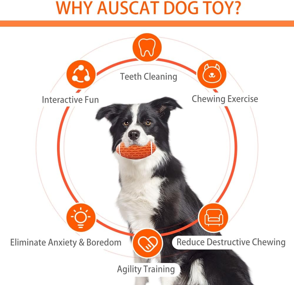 AUSCAT 2PCS Dog Rugby Ball, Squeaky Dog Ball for Small Medium Dogs, Dog Rugby Ball Toy, Green and Orange, Small, 4.1"/10.4 cm