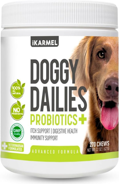 Doggy Dailies Probiotics for Dogs - Canine Supplements for Digestive and Immunity Support - Skin Health and Itch Support - Vitamin Treats - Veterinarian Formulated Probiotic