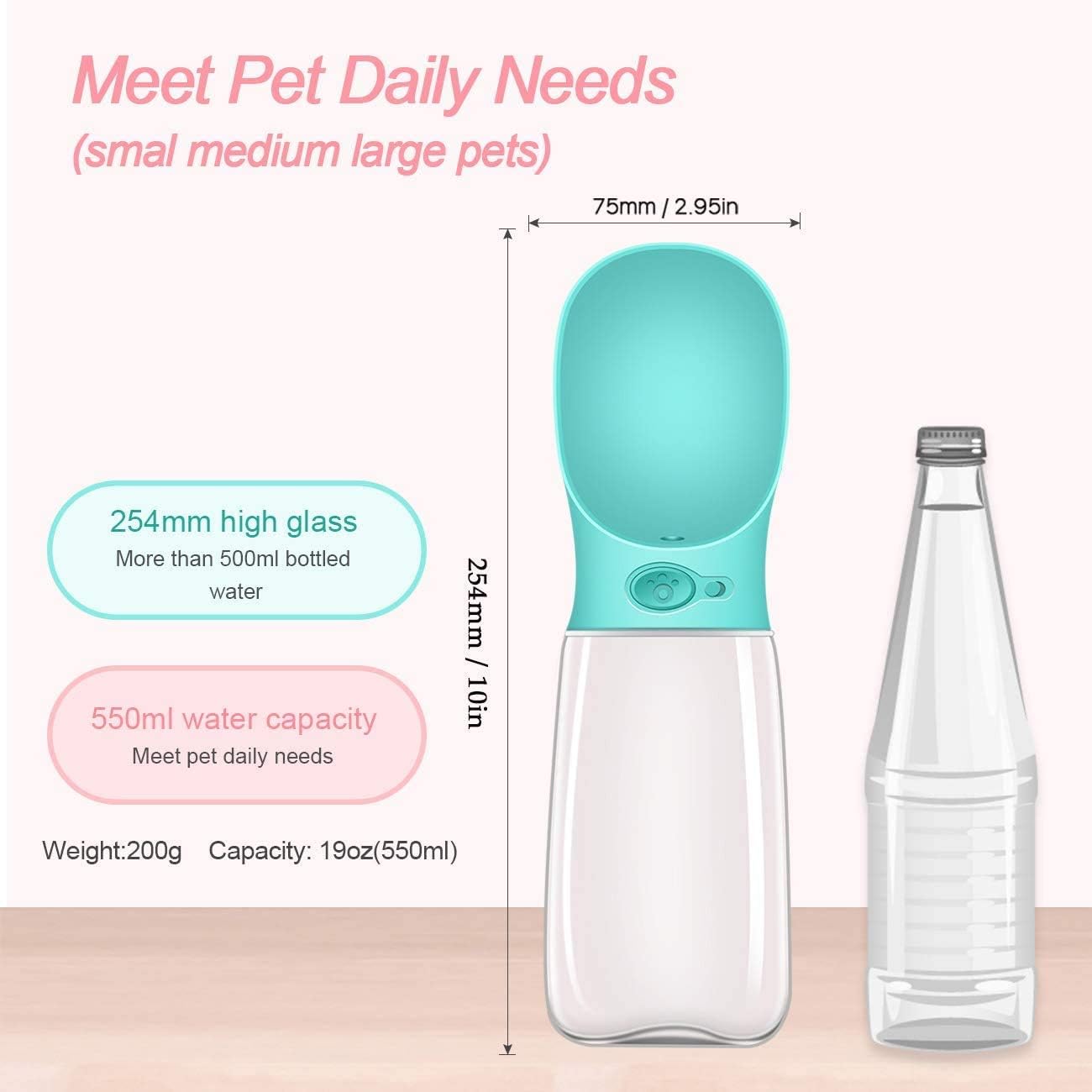 COTOP Portable Dog Water Bottle 350/550ml, Pet Water Dispenser Antibacterial Food Grade Leak Proof Dog Cat Travel Drink Bottle Bowl, Pet Outdoor Drinking Cup Dog Gift (550ml, Blue)