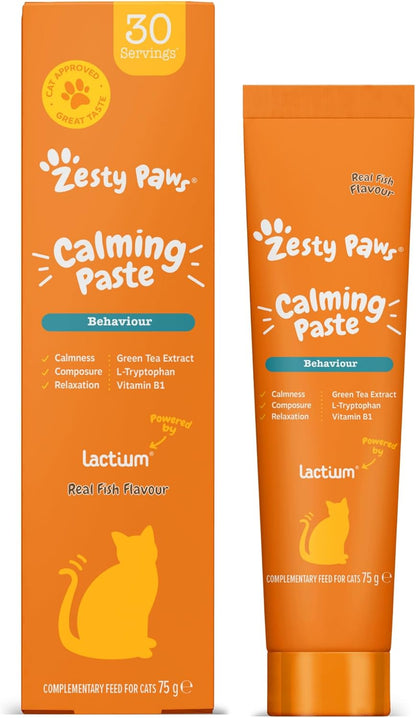 Zesty Paws Calming Paste for Cats | Supports Calmness, Composure and Relaxation | Contains Vitamin B1, Lactium, L-Theanine from Green Tea Extract, L-Tryptophan | Real Fish Flavour | 75g