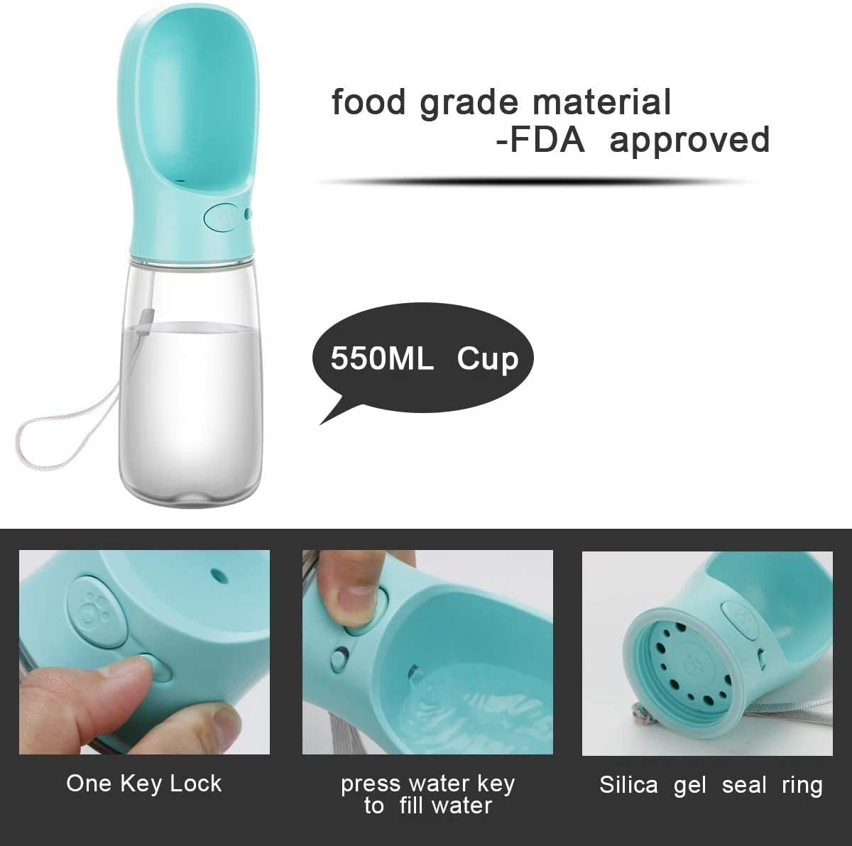 COTOP Portable Dog Water Bottle 350/550ml, Pet Water Dispenser Antibacterial Food Grade Leak Proof Dog Cat Travel Drink Bottle Bowl, Pet Outdoor Drinking Cup Dog Gift (550ml, Blue)