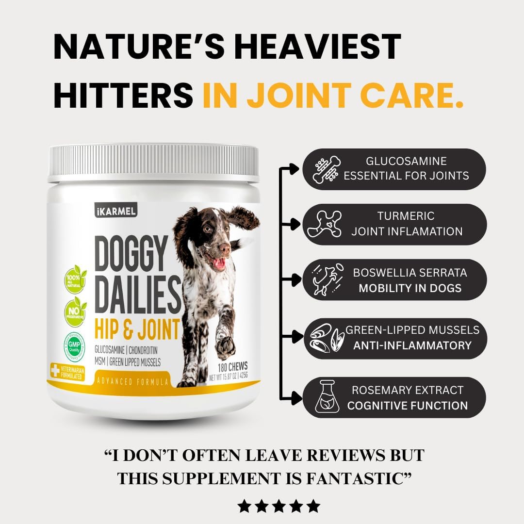 Joint Supplements for Dogs | Hip and Joint Care | with Glucosamine, Chondroitin, and Green-Lipped Mussels | Puppy to Senior Dog Treats for Stiff Joints (180 Chews)