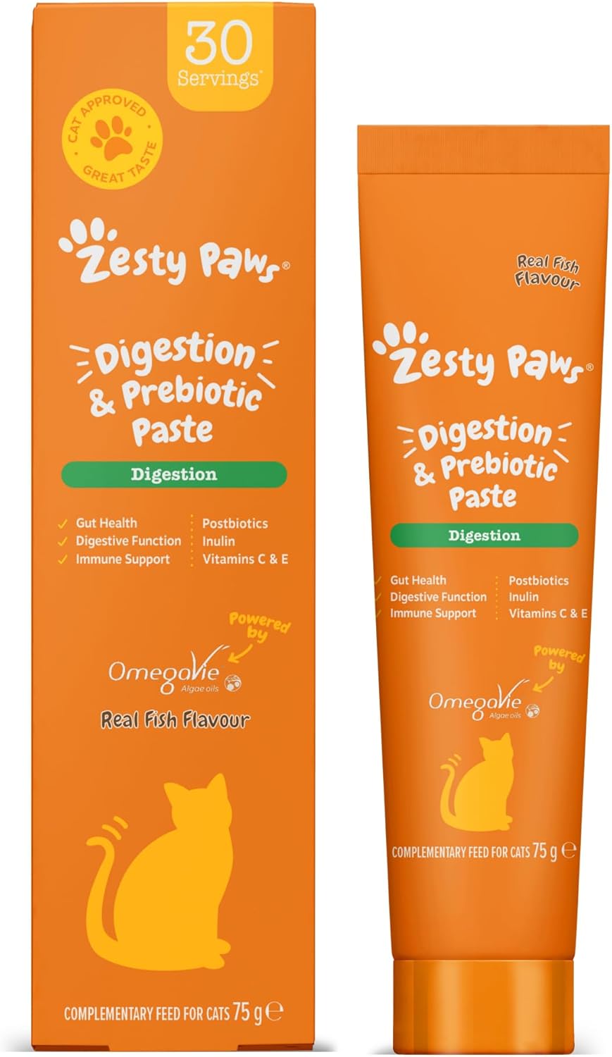Zesty Paws Digestion & Prebiotics Paste for Cats | Helps Gut Health, Digestive Function & Immune Support | Contains Algal Oil, Postbiotics, Inulin, Vitamins C & E | Real Fish Flavour | 75g