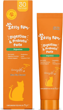 Zesty Paws Digestion & Prebiotics Paste for Cats | Helps Gut Health, Digestive Function & Immune Support | Contains Algal Oil, Postbiotics, Inulin, Vitamins C & E | Real Fish Flavour | 75g