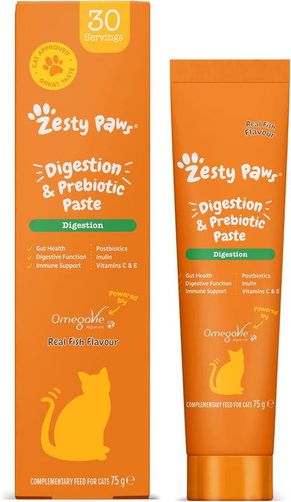 Zesty Paws Digestion & Prebiotics Paste for Cats | Helps Gut Health, Digestive Function & Immune Support | Contains Algal Oil, Postbiotics, Inulin, Vitamins C & E | Real Fish Flavour | 75g
