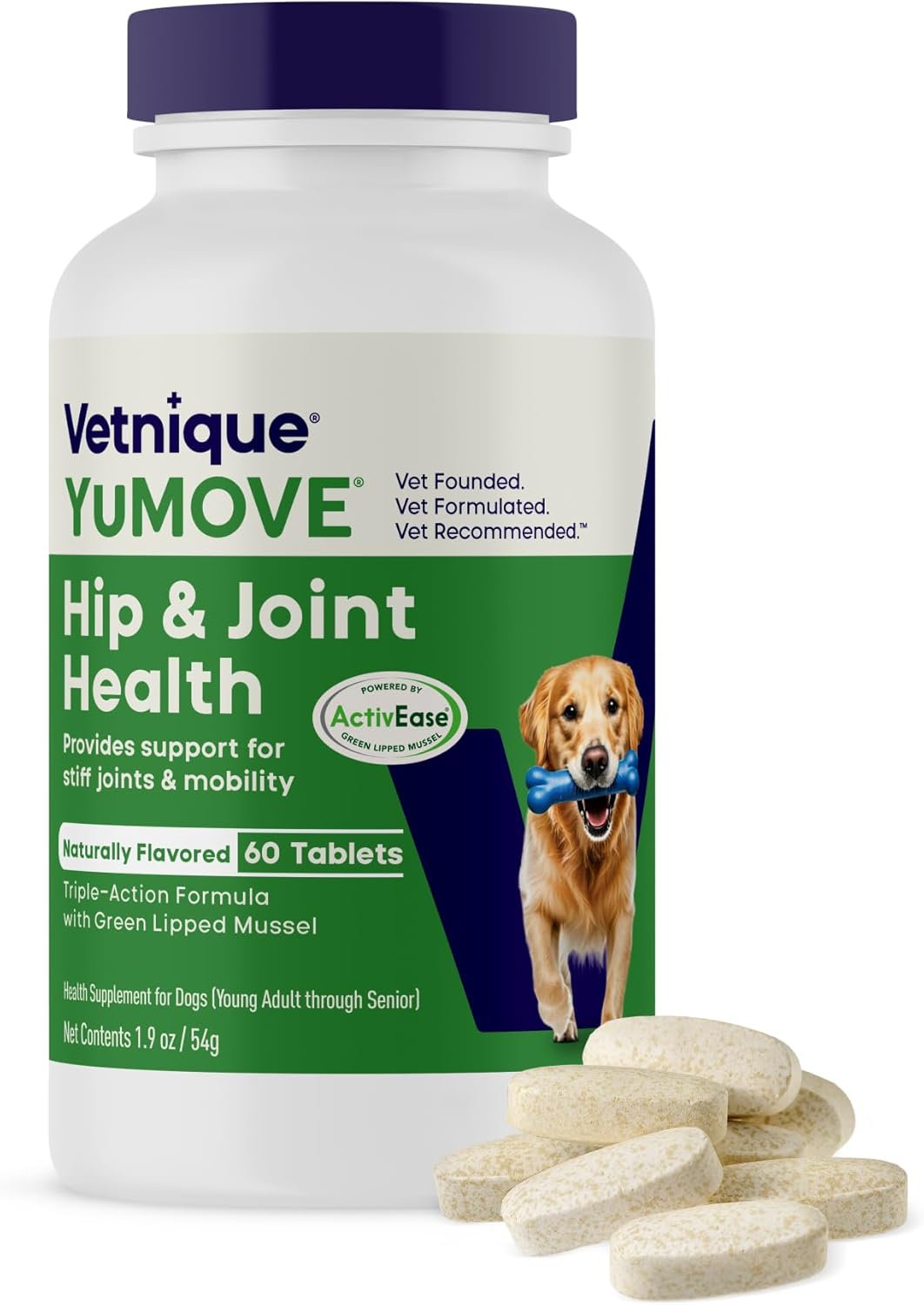 YuMOVE Joint Supplement for Dogs, Essential Dog Hip and Joint Aid for Stiff Adult Dogs with Glucosamine, Chondroitin & Green Lipped Mussel, 60 Tablets
