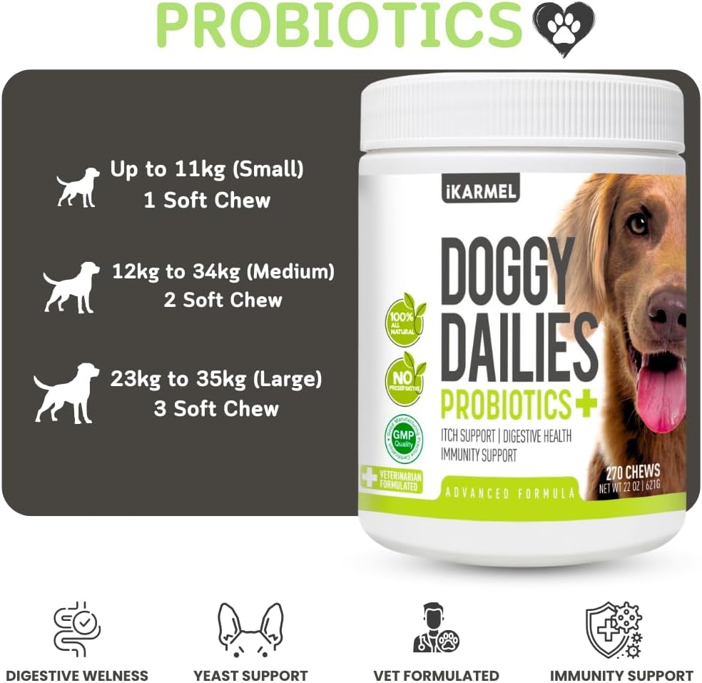 Doggy Dailies Probiotics for Dogs - Canine Supplements for Digestive and Immunity Support - Skin Health and Itch Support - Vitamin Treats - Veterinarian Formulated Probiotic