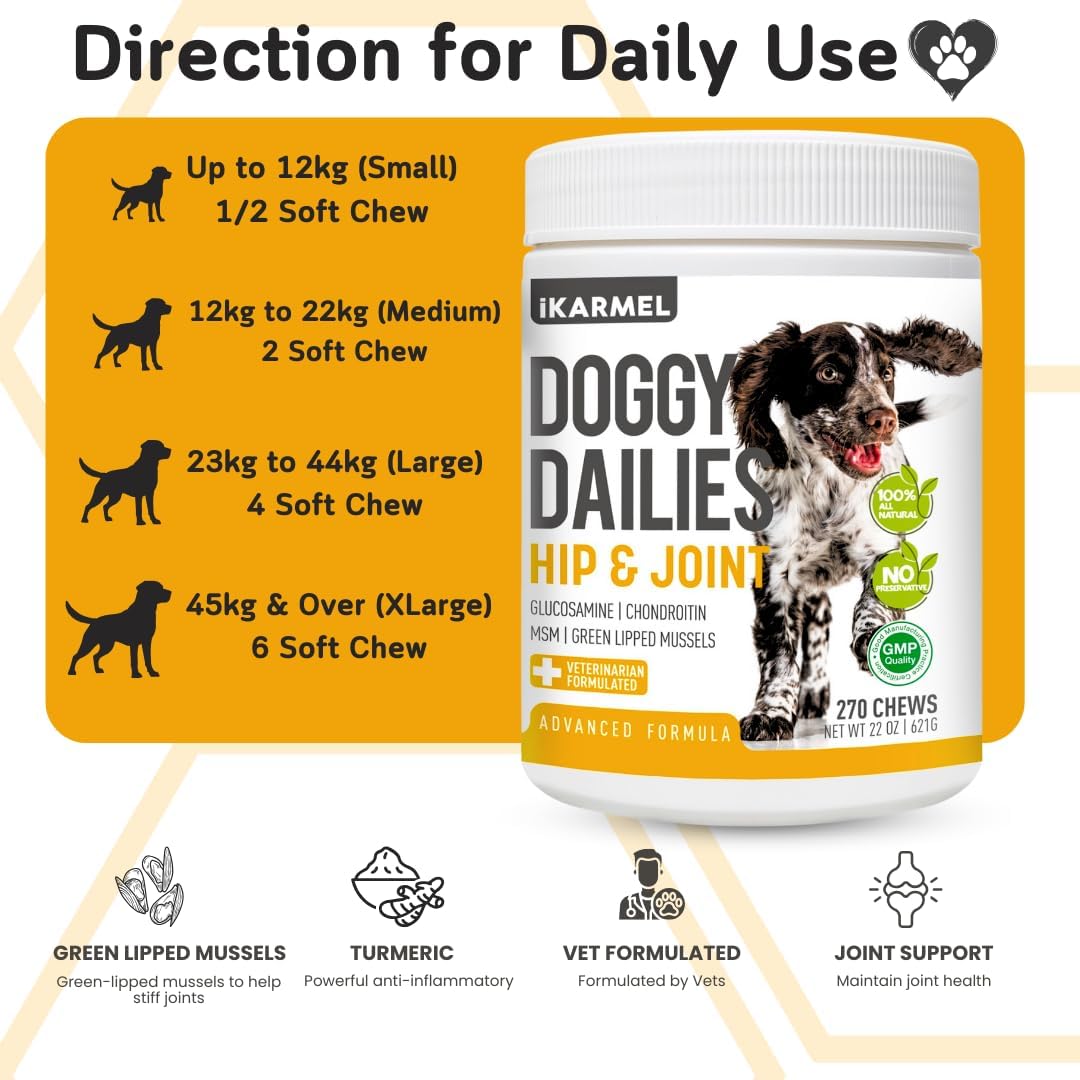Joint Supplements for Dogs | Hip and Joint Care | with Glucosamine, Chondroitin, and Green-Lipped Mussels | Puppy to Senior Dog Treats for Stiff Joints (270 Chews)