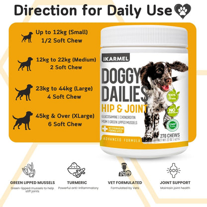 Joint Supplements for Dogs | Hip and Joint Care | with Glucosamine, Chondroitin, and Green-Lipped Mussels | Puppy to Senior Dog Treats for Stiff Joints (270 Chews)