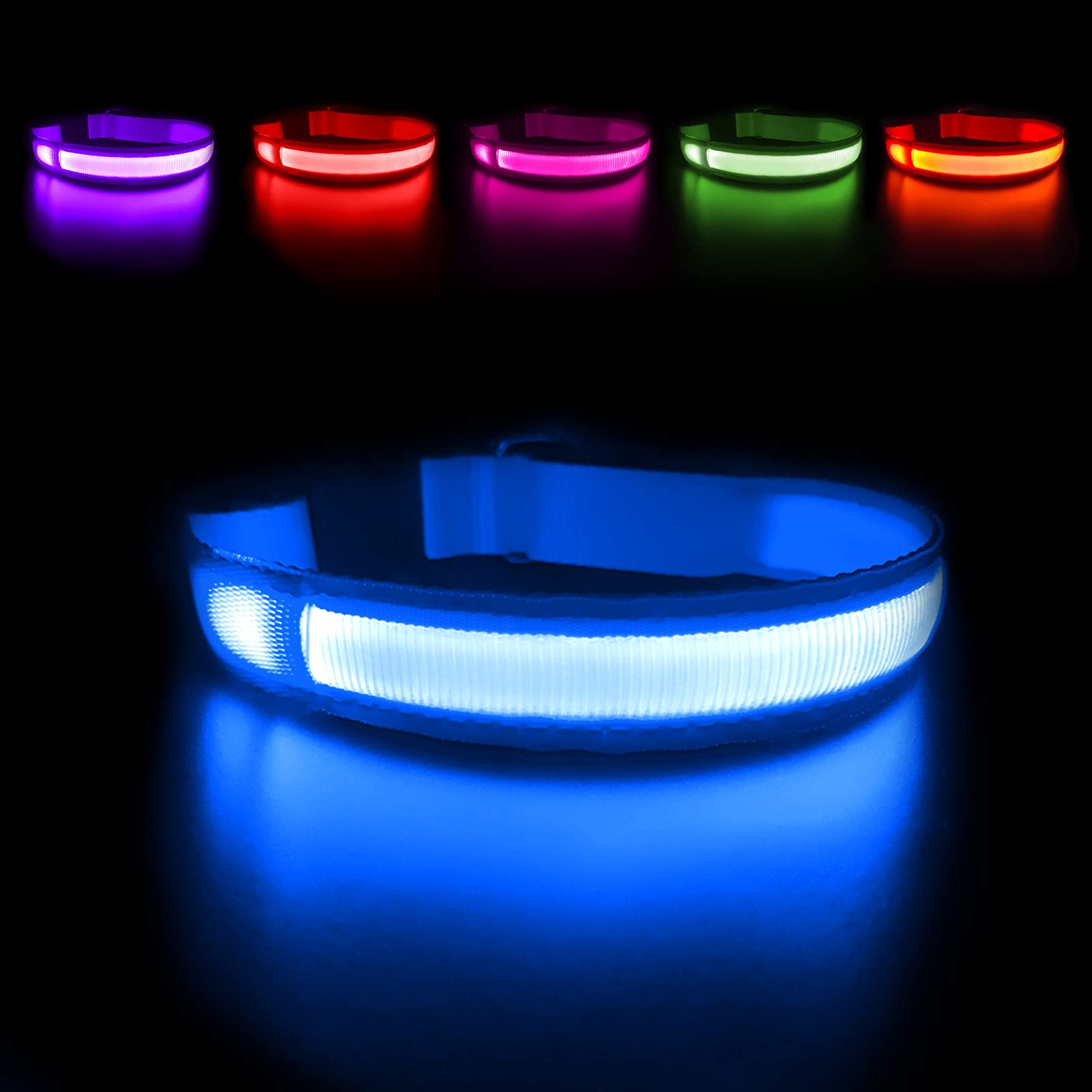 MASBRILL Luminous Dog Collar, LED Rechargeable and Waterproof Dog Collar, 3 Glowing Modes and Adjustable Size Suitable for Small Large Dogs (Blue, M)