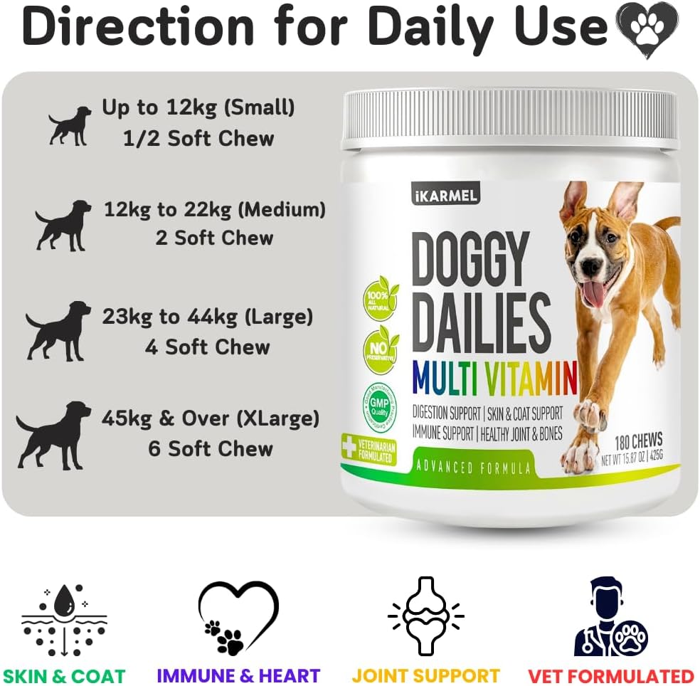 Doggy Dailies | Vitamins Supplements For Dogs | Skin & Coat | Probiotics + Joint Support 24 Vitamins & Minerals puppy to Senior Multivitamin