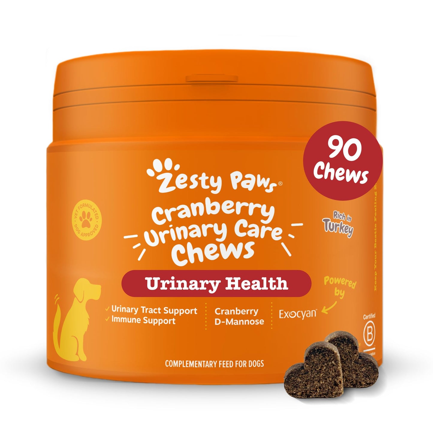 Zesty Paws Urinary Care Chews for Dogs | Supports Urinary Tract & Immune Function, Maintain pH Balance, Helps Incontinence | Contains Cranberry Powder, D-Mannose, Vitamins C| Turkey Flavour | 90 Chews