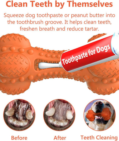 SCHITEC 2 Pack Dog Chew Toy, Indestructible Tough Squeaky Pet Chew Toy for Aggressive Chewers, Durable Natural Rubber Bone with Toothbrush, Large Medium Breed Teeth Cleaning Care