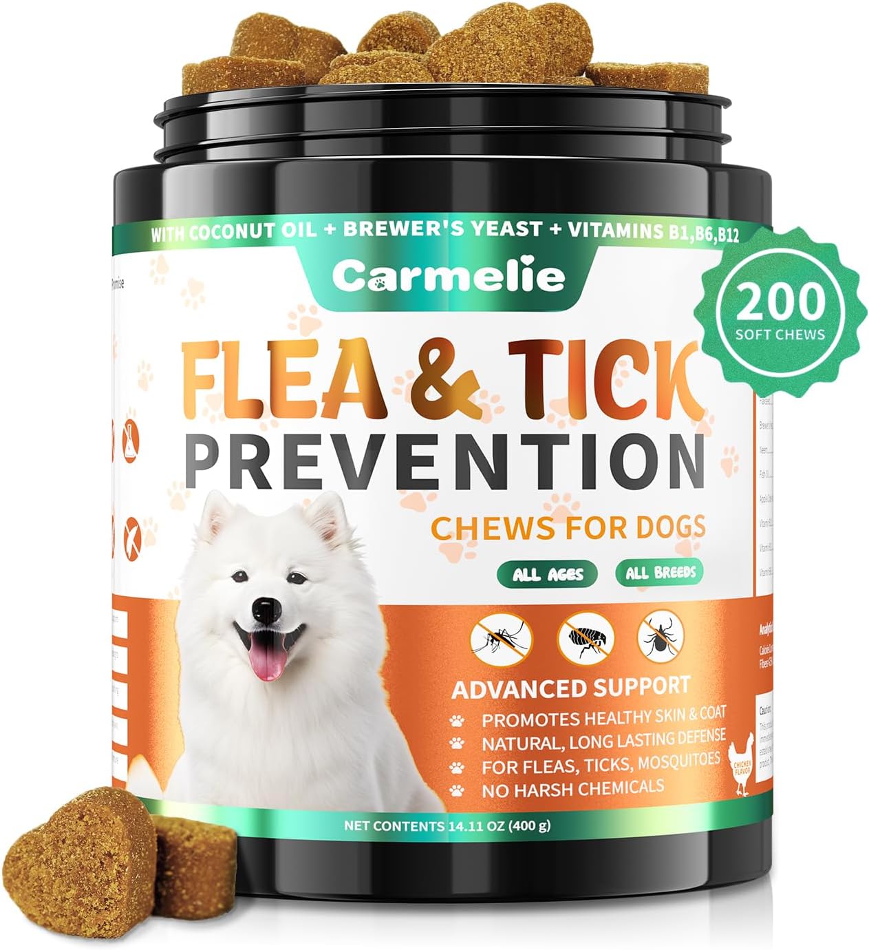 Carmelie Flea and Tick Chewables for Dogs - 200 Soft Chews Natural Dog Flea and Tick Prevention Chews - Oral Flea Supplement for Dogs, Puppy Flea Prevention - Chicken Flavor