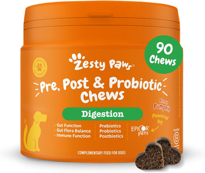Zesty Paws Probiotic Chews for Dogs | Supports Gut Health, Stool Quality & Digestive Balance, Bad Breath | Contains Prebiotics, Probiotics & Postbiotics, Pumpkin & Linseed | Daily Use | 90 Chews