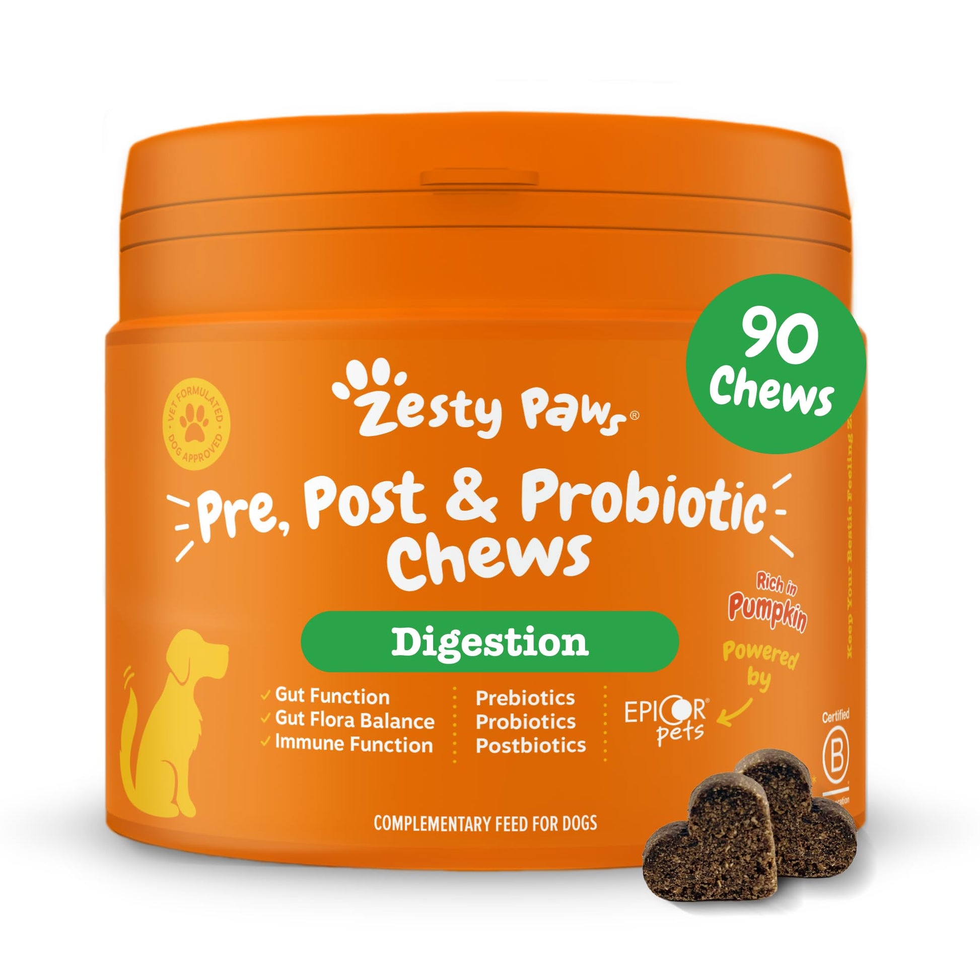 Zesty Paws Probiotic Chews for Dogs | Supports Gut Health, Stool Quality & Digestive Balance, Bad Breath | Contains Prebiotics, Probiotics & Postbiotics, Pumpkin & Linseed | Daily Use | 60 Chews