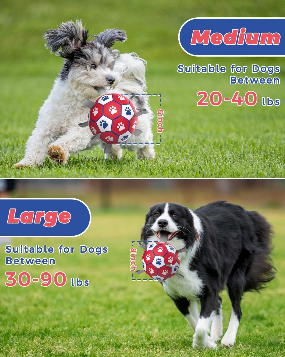 HETOO Dog Soccer Ball, Interactive Dog Toys for Doggies, Durable Dog Balls for Small & Medium Dogs Red White (6 inch)
