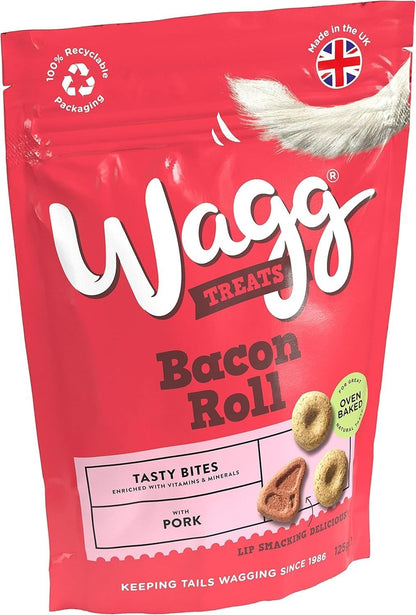 Wagg Bacon Roll Tasty Bites Pork Dog Treats 125g (Pack of 7) - Oven Baked