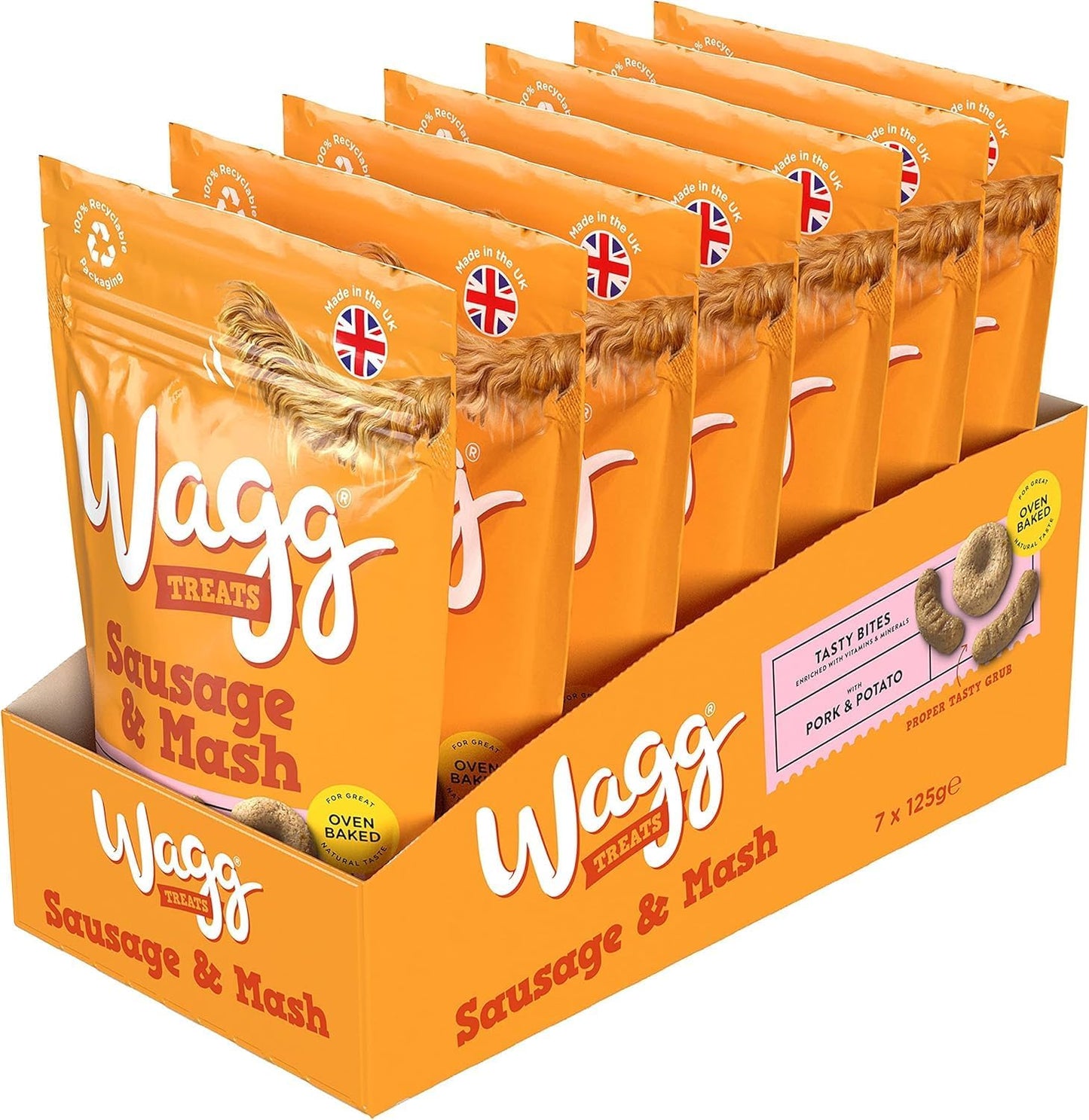 Wagg Sausage & Mash Tasty Bites Pork & Potato Dog Treats 125g (Pack of 7) - Oven Baked