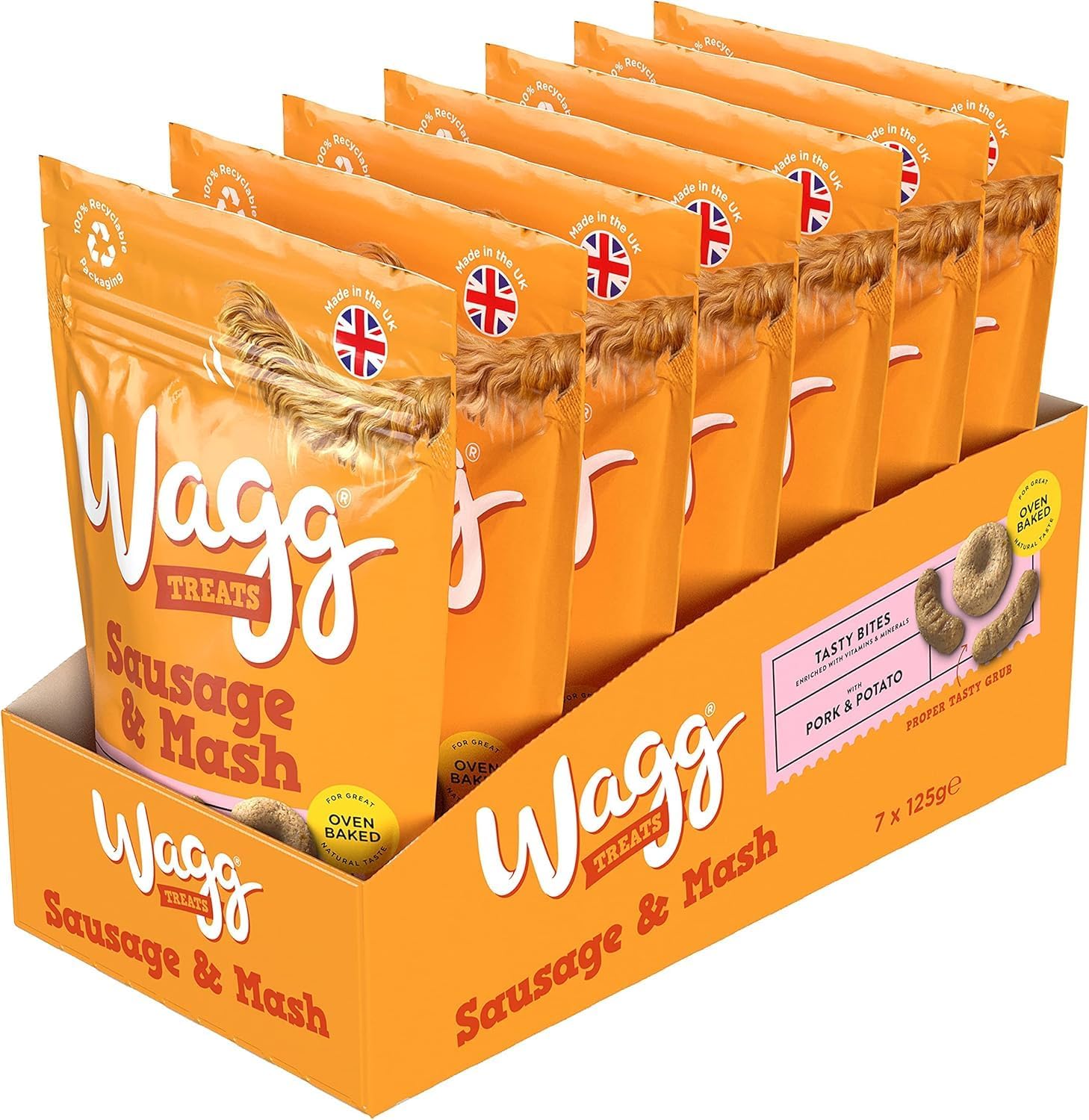 Wagg Sausage & Mash Tasty Bites Pork & Potato Dog Treats 125g (Pack of 7) - Oven Baked
