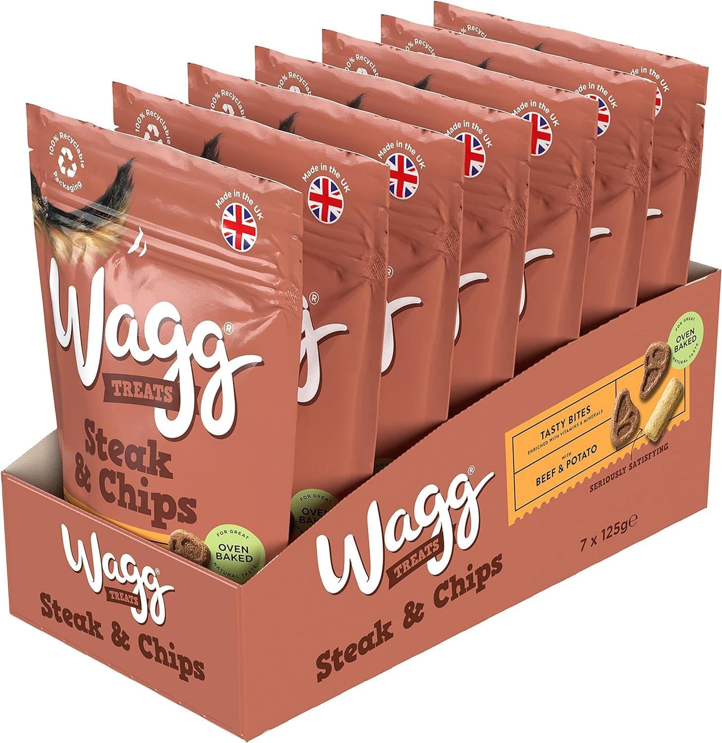 Wagg Steak & Chips Tasty Bites Beef & Potato Dog Treats 125g (Pack of 7) - Oven Baked