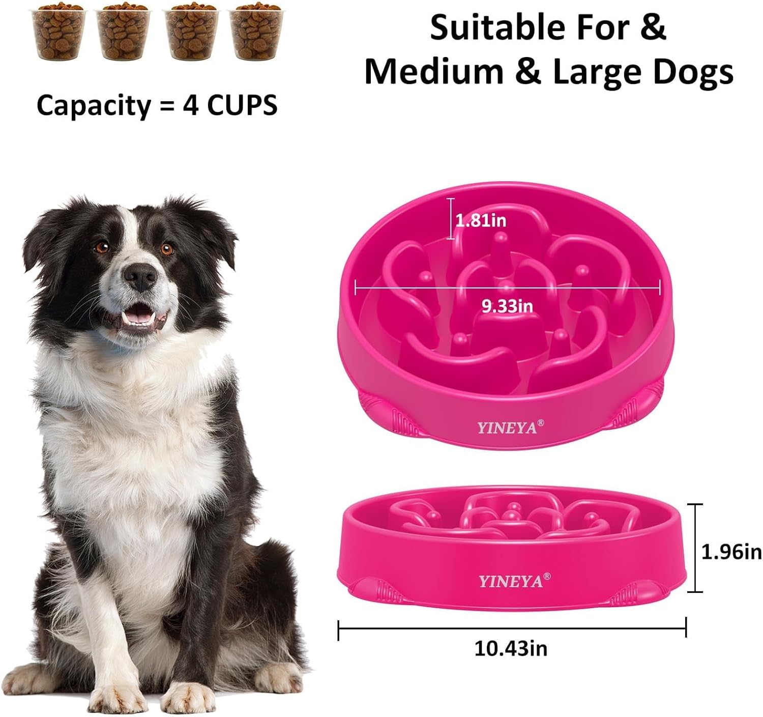 YINEYA Slow Feeder Dog Bowl Anti Gulping Healthy Eating Dog Slow Food Feeding Pet Bowl Slow Eating Healthy Design for Large Size Dogs (Rosered)