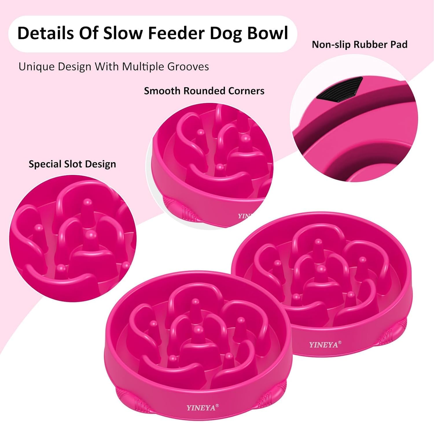 YINEYA Slow Feeder Dog Bowl Anti Gulping Healthy Eating Dog Slow Food Feeding Pet Bowl Slow Eating Healthy Design for Large Size Dogs (Rosered)