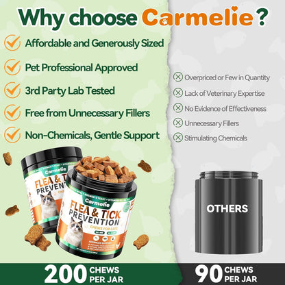 Carmelie Flea and Tick Chews for Cats - 200 Chewables Natural Cats Fleas and Ticks Prevention – Cat Flea Tick Support, Cat Flea Soft Treats for All Breeds & Ages-Chicken Flavor
