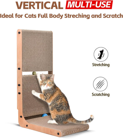 AUSCAT Cardboard Cat Scratcher, Vertical Scratching Board for Indoor Cats, 27.2 Inch/69 cm L Shaped Cat Scratchers with Two Build-In Toy Balls