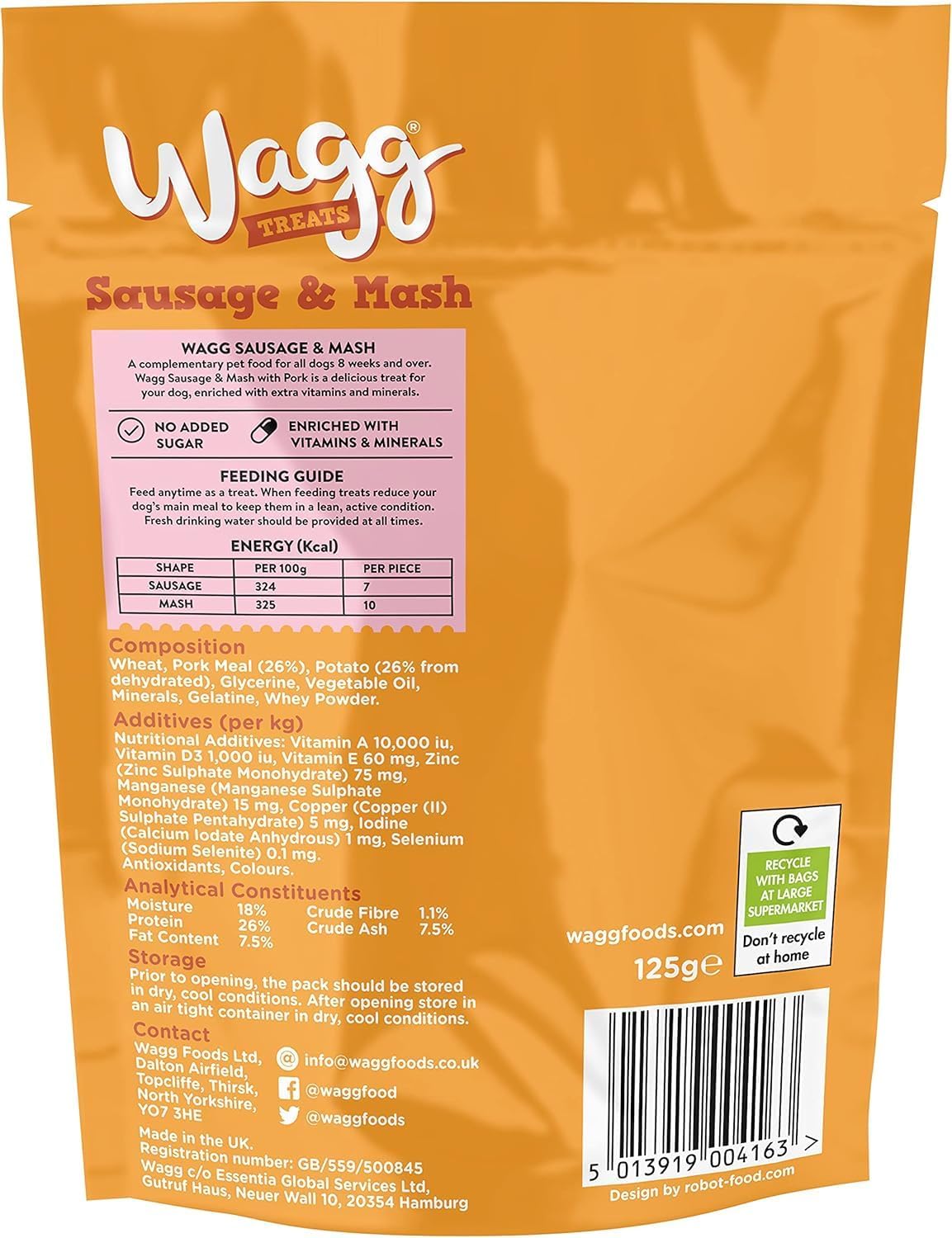 Wagg Sausage & Mash Tasty Bites Pork & Potato Dog Treats 125g (Pack of 7) - Oven Baked