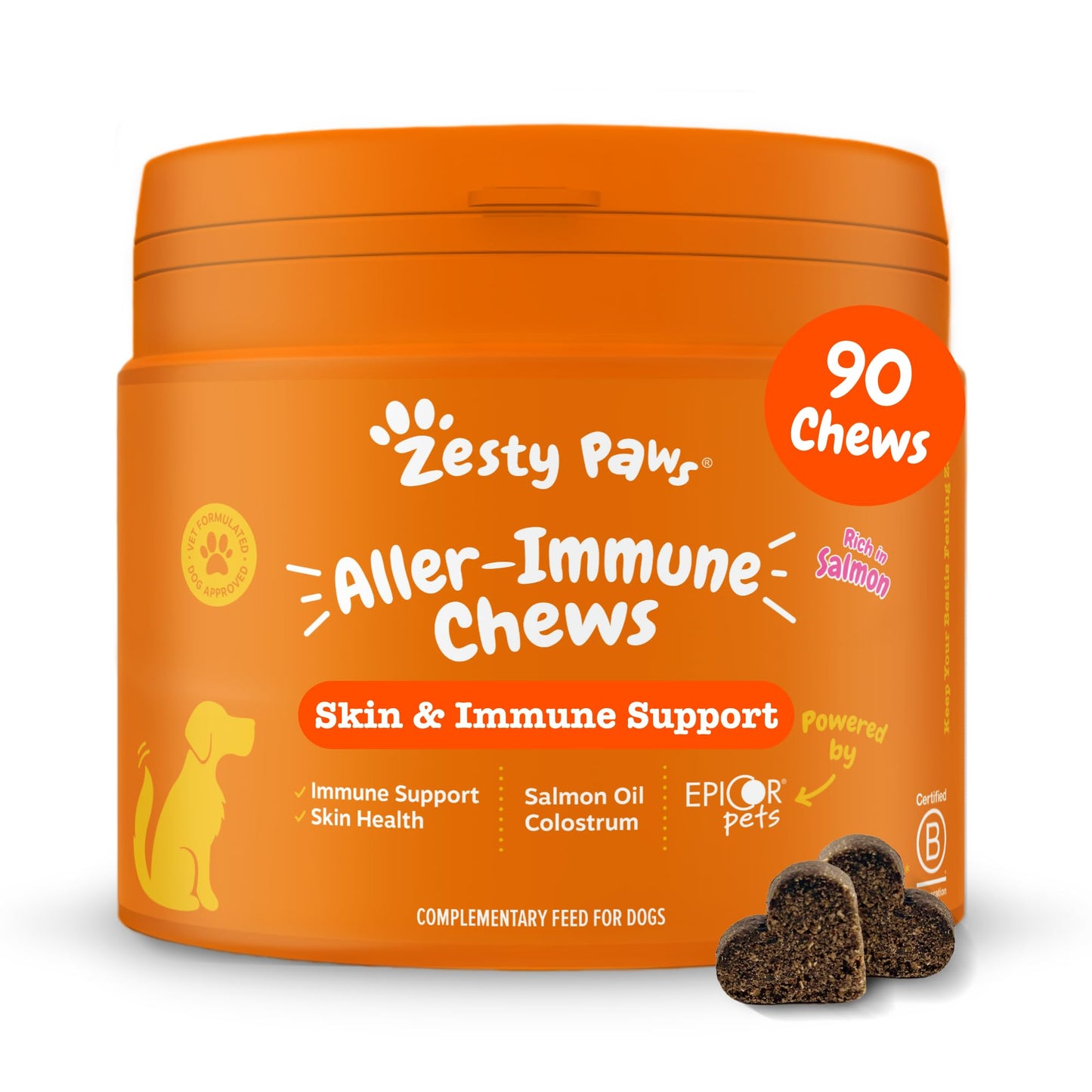 Zesty Paws Senior Aller-Immune Chews for Older Dogs | Supports Immune Function, Gut, Skin & Coat Health, For Itchy, Dry Skin | With Salmon, Probiotics, Postbiotics, Vitamin A | Daily Use | 90 Chews