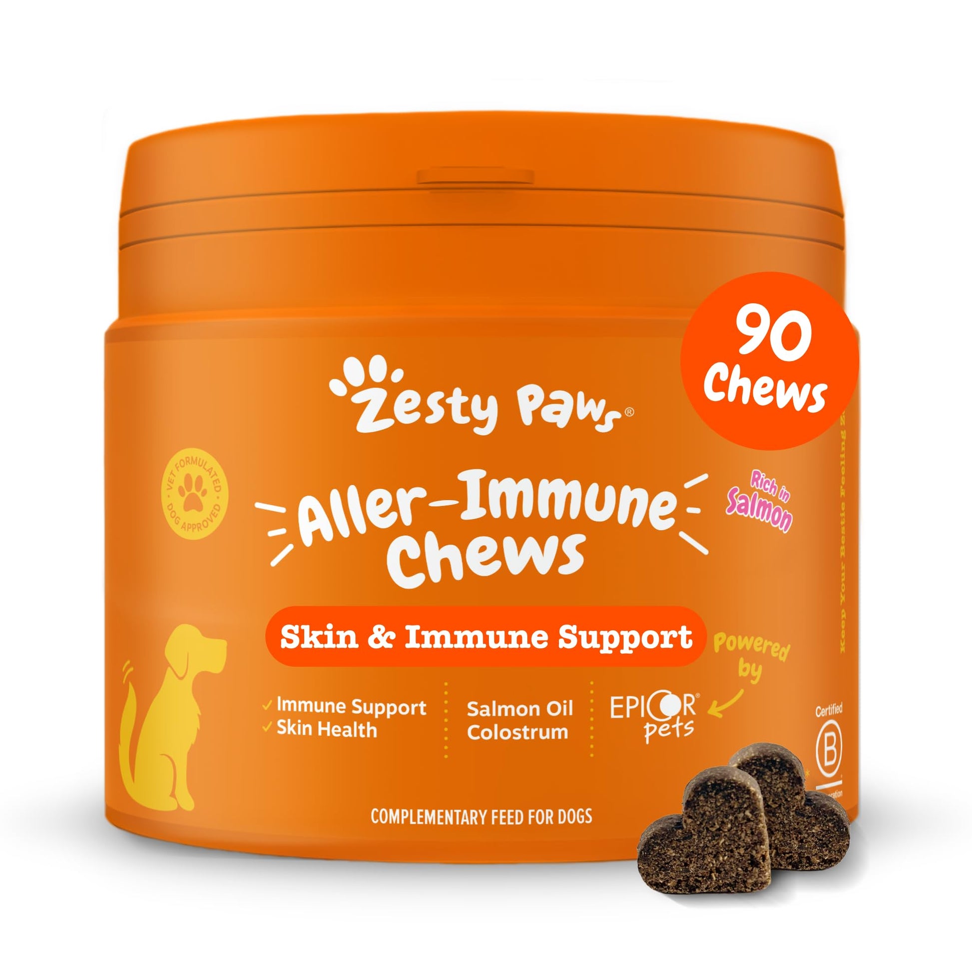 Zesty Paws Senior Aller-Immune Chews for Older Dogs | Supports Immune Function, Gut, Skin & Coat Health, For Itchy, Dry Skin | With Salmon, Probiotics, Postbiotics, Vitamin A | Daily Use | 90 Chews