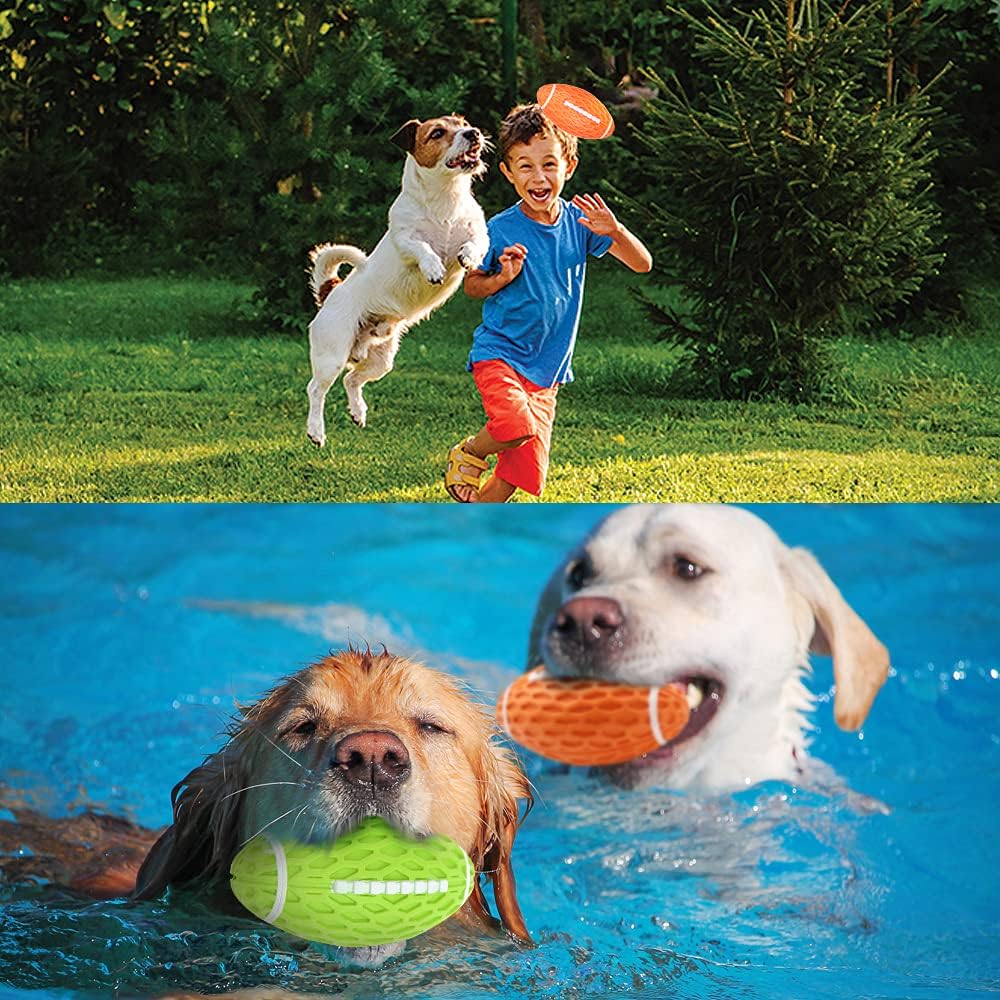 AUSCAT 2PCS Dog Rugby Ball, Squeaky Dog Ball for Small Medium Dogs, Dog Rugby Ball Toy, Green and Orange, Small, 4.1"/10.4 cm