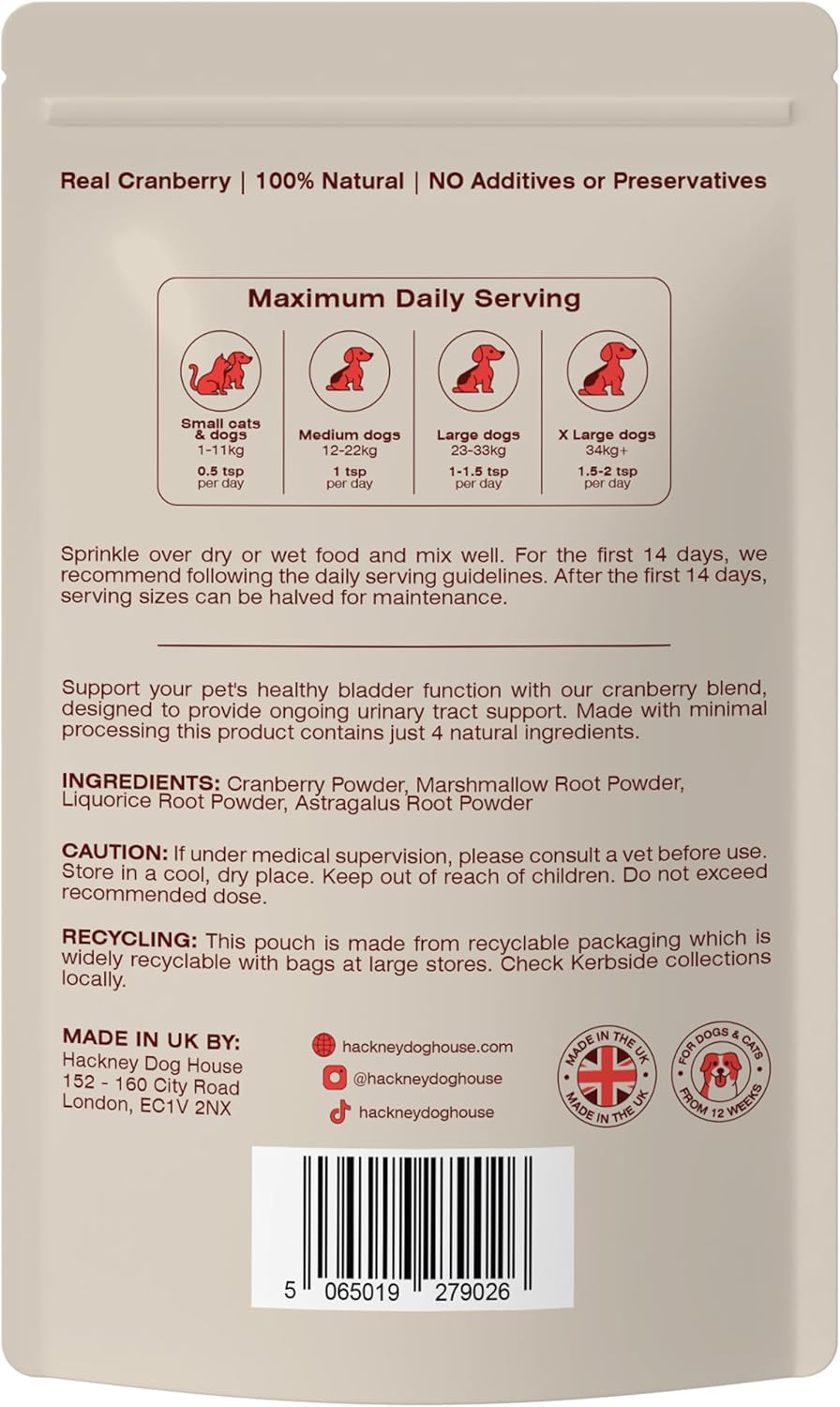 Cranberry for Dogs & Cats | Advanced Bladder & Kidney Support | Natural Powder Ingredient Based UTI Supplement | Tablet Alternative | 40 Daily Servings | Hackney Dog House