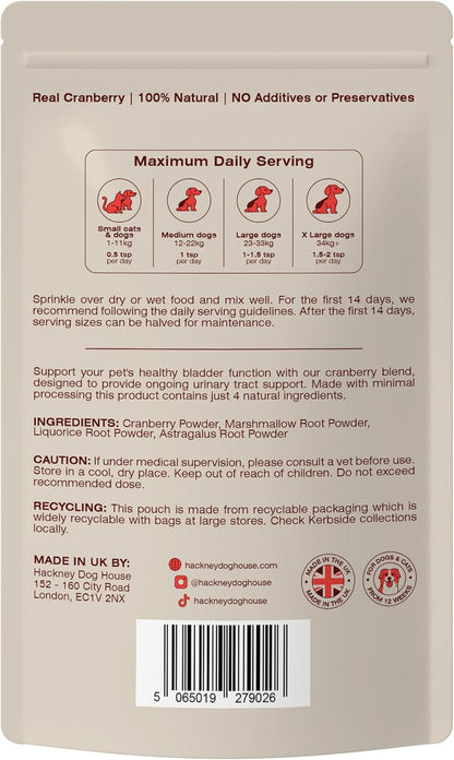 Cranberry for Dogs & Cats | Advanced Bladder & Kidney Support | Natural Powder Ingredient Based UTI Supplement | Tablet Alternative | 40 Daily Servings | Hackney Dog House
