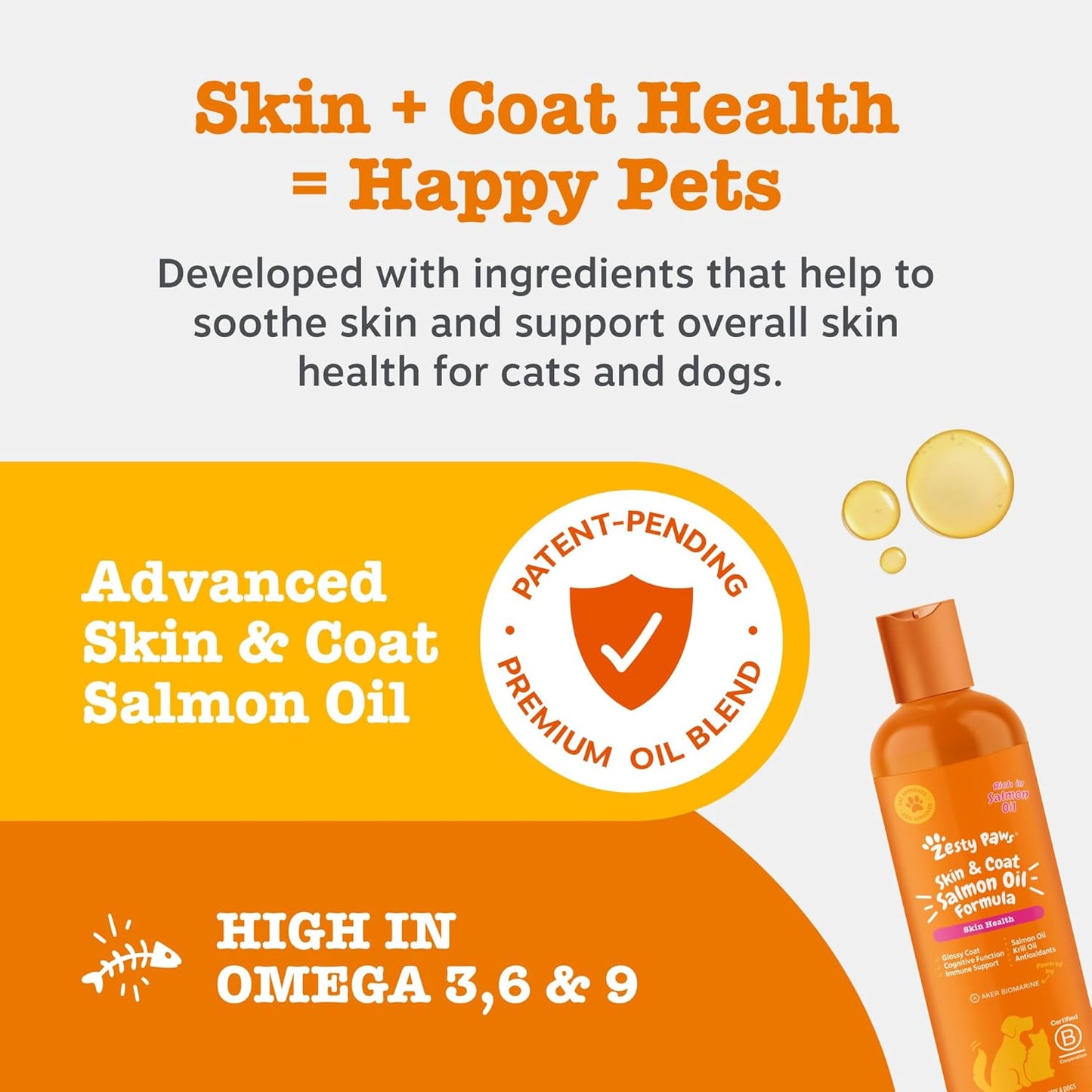 Zesty Paws Skin & Coat Salmon Oil For Cats & Dogs | Supports Pets with Dry, Itchy, Sensitive Skin, Nourish Coat & Fur | Contains Salmon, Flaxseed & Krill Oils, Vitamin E | Daily Use | 250ml