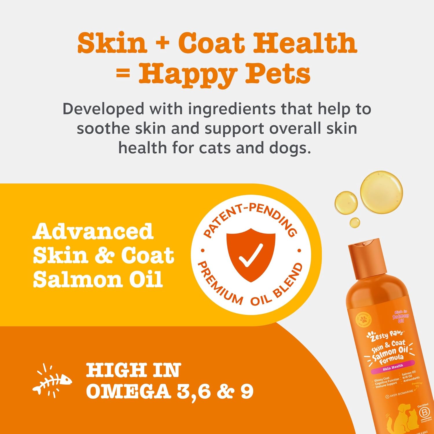 Zesty Paws Skin & Coat Salmon Oil For Cats & Dogs | Supports Pets with Dry, Itchy, Sensitive Skin, Nourish Coat & Fur | Contains Salmon, Flaxseed & Krill Oils, Vitamin E | Daily Use | 250ml