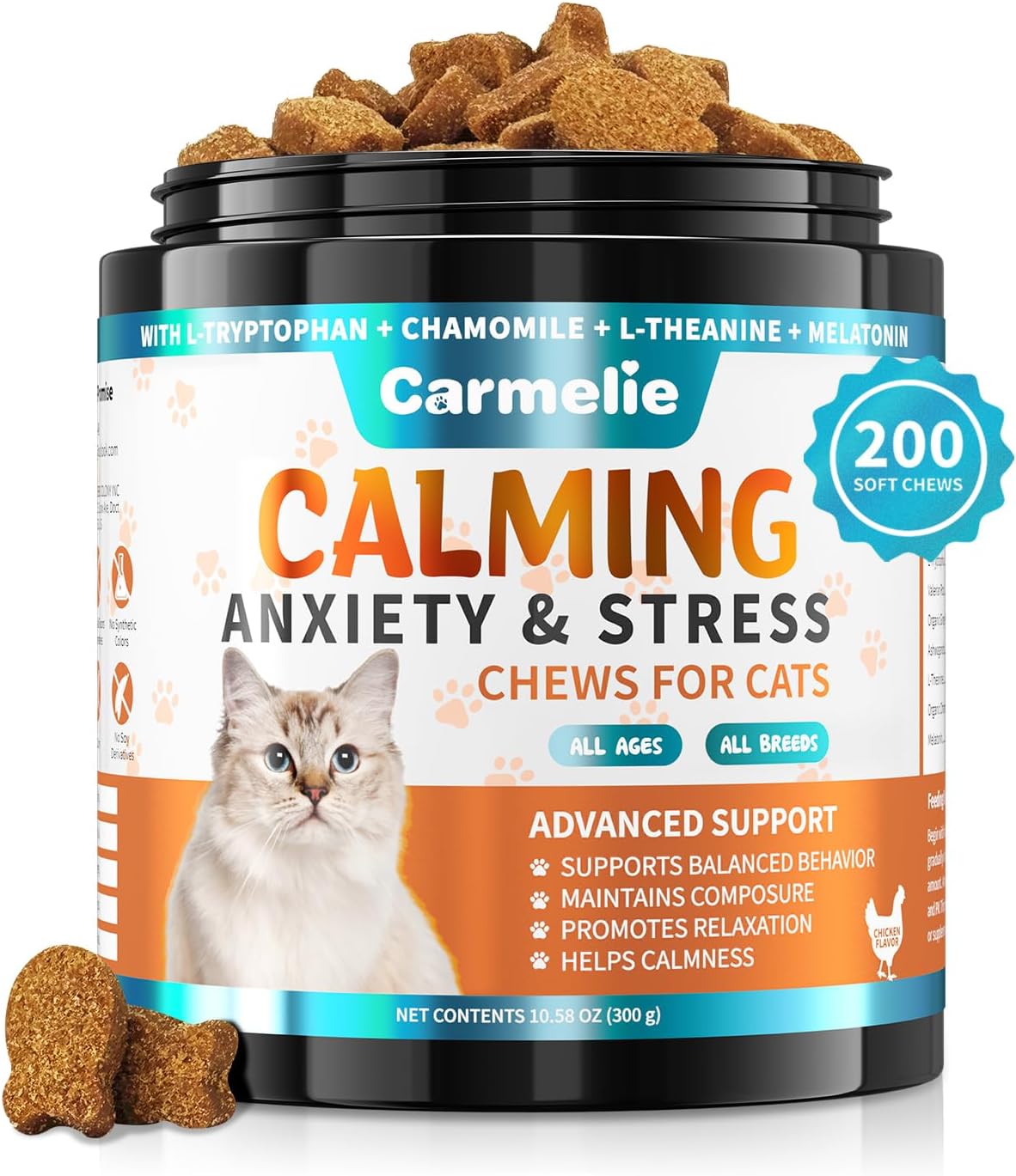 Carmelie Calming Treats for Cat- 200 Count Calming Cat Treats - Natural Cat Calming Support for Anxiety, Stress Relief - Chamomile, Valerian Root, L-Tryptophan - Chicken Flavor